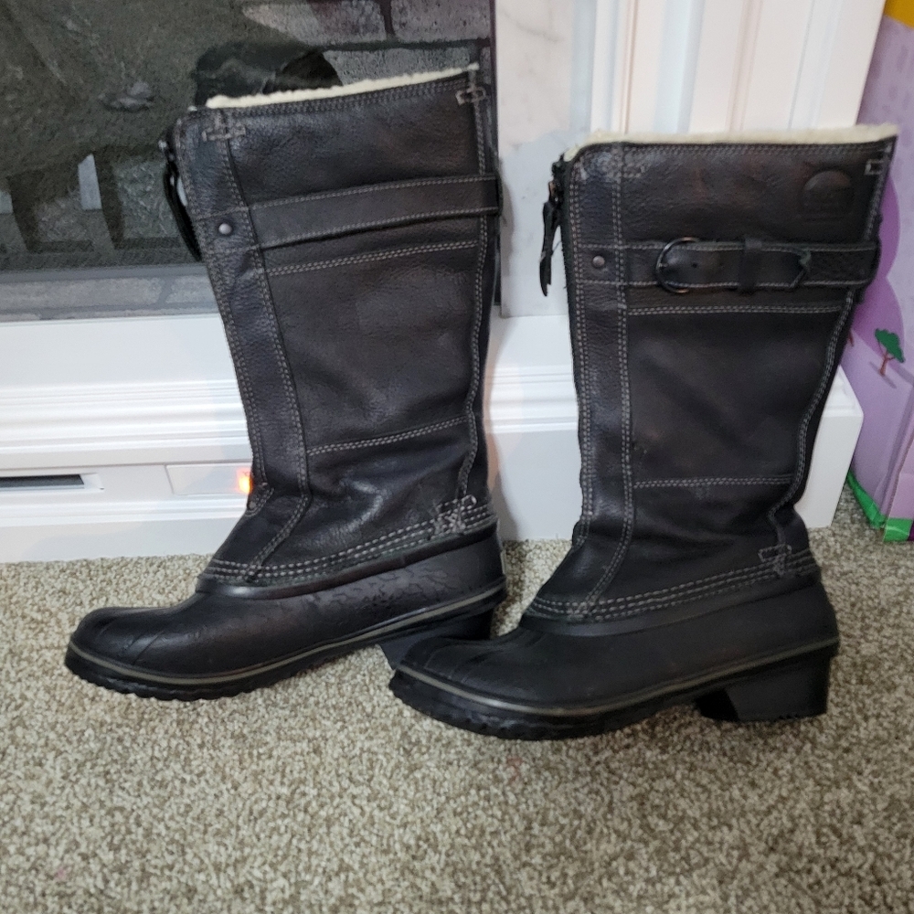 Sorel Fancy Tall Womens Black Shear Waterproof Leather Insulated Boots, Size 6.5